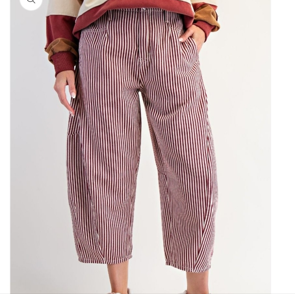 Easel Striped Washed Twill Barrel Pants Jeans Large Wine Cream ❤️ NWT